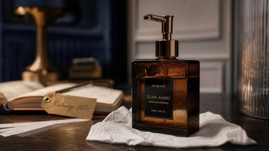 Parfum femme 2025 : flacon rechargeable floral en verre ambré