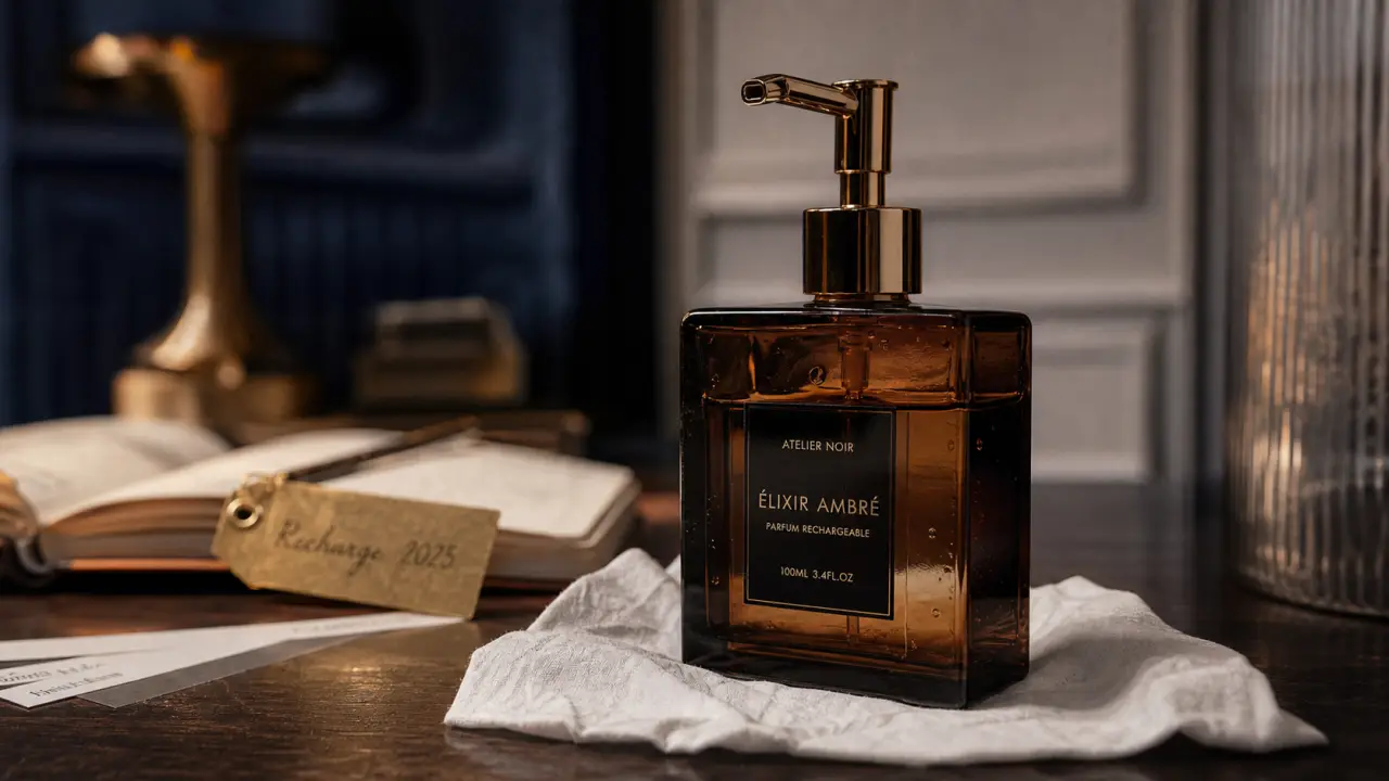 Parfum femme 2025 : flacon rechargeable floral en verre ambré