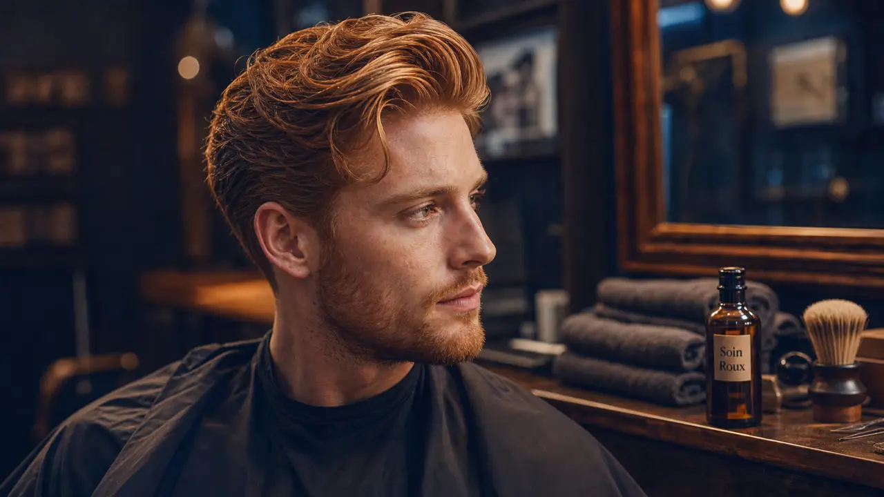 Roux cheveux homme : portrait éditorial barbe courte et nuances cuivrées