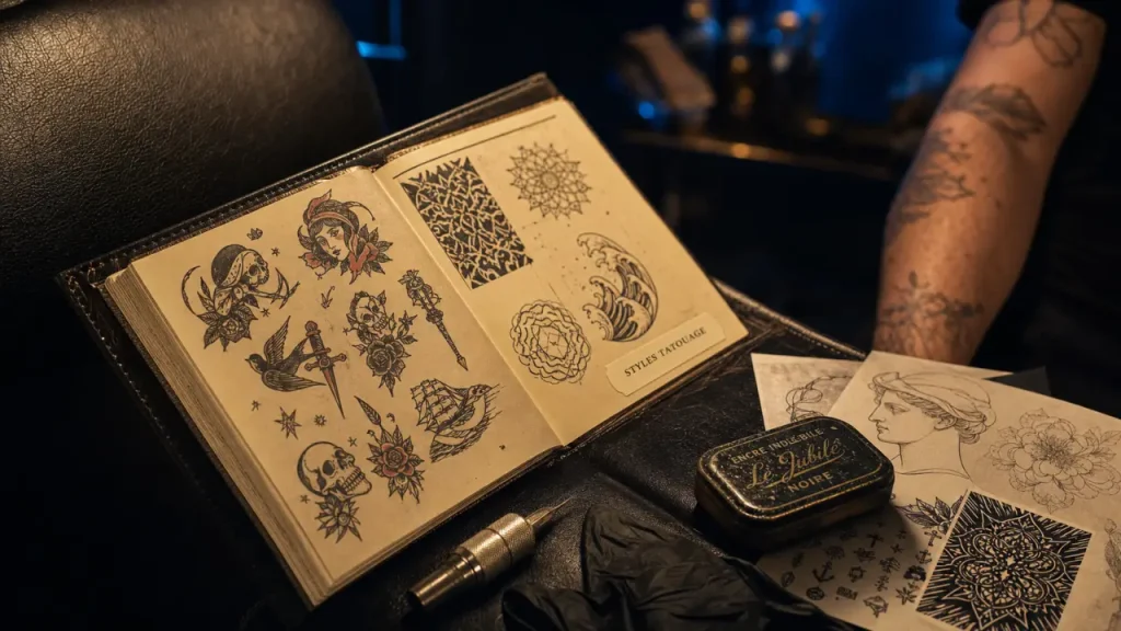 Style tatouage : carnet de croquis et pigments en salon de tatouage