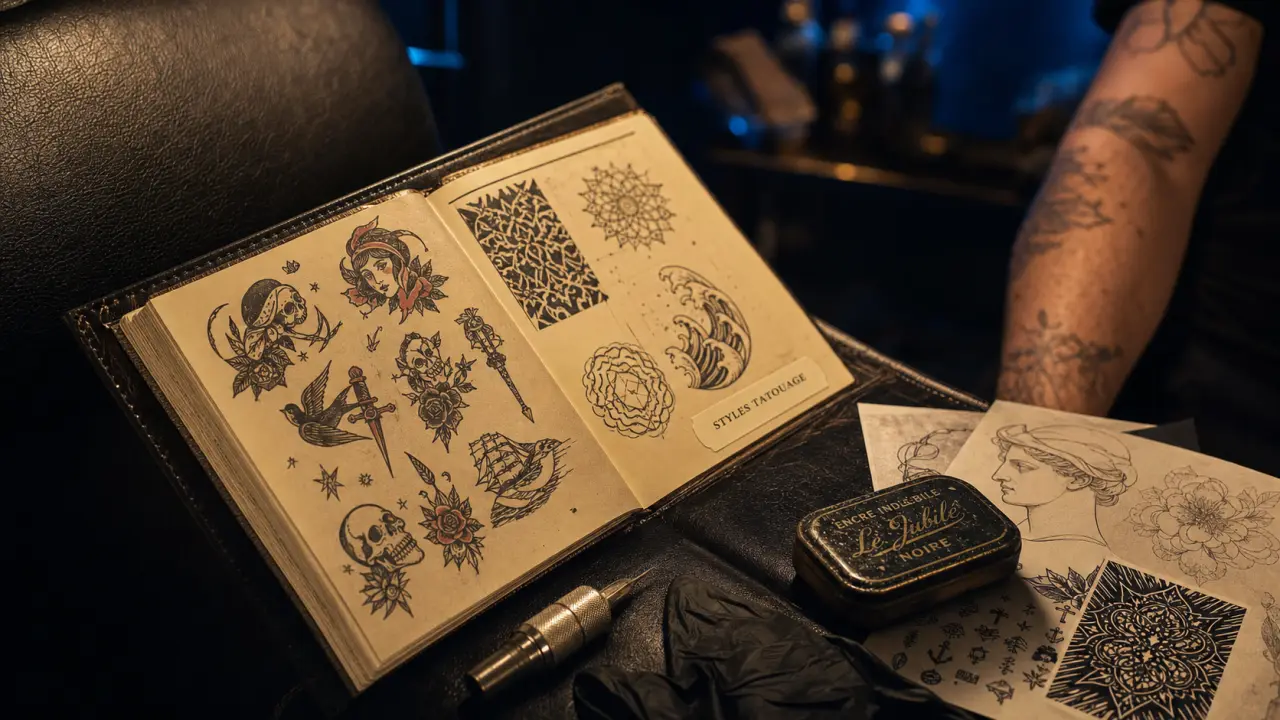 Style tatouage : carnet de croquis et pigments en salon de tatouage