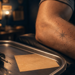 Tatouage étoile décès fineline en gros plan sur avant-bras