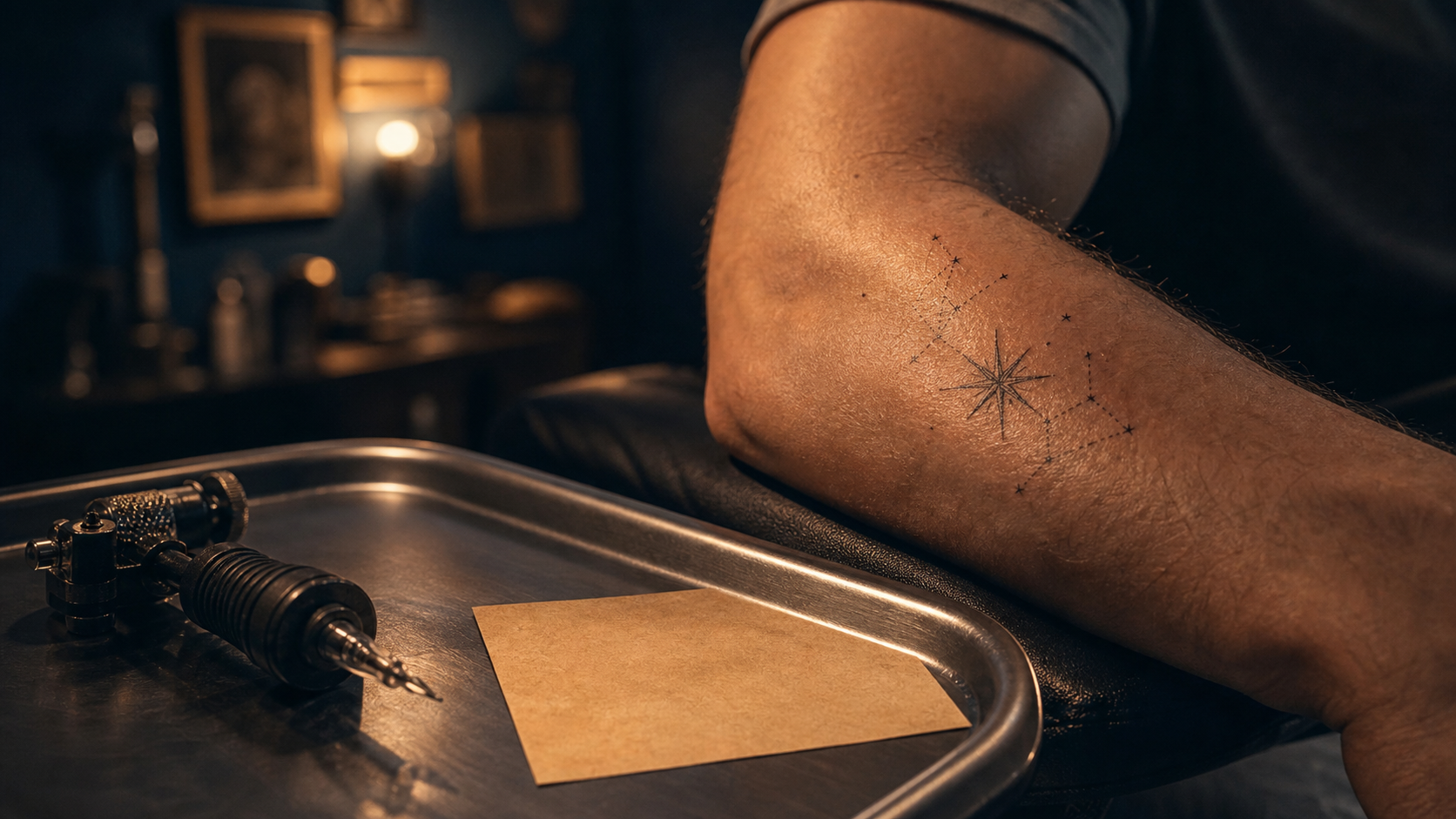Tatouage étoile décès fineline en gros plan sur avant-bras