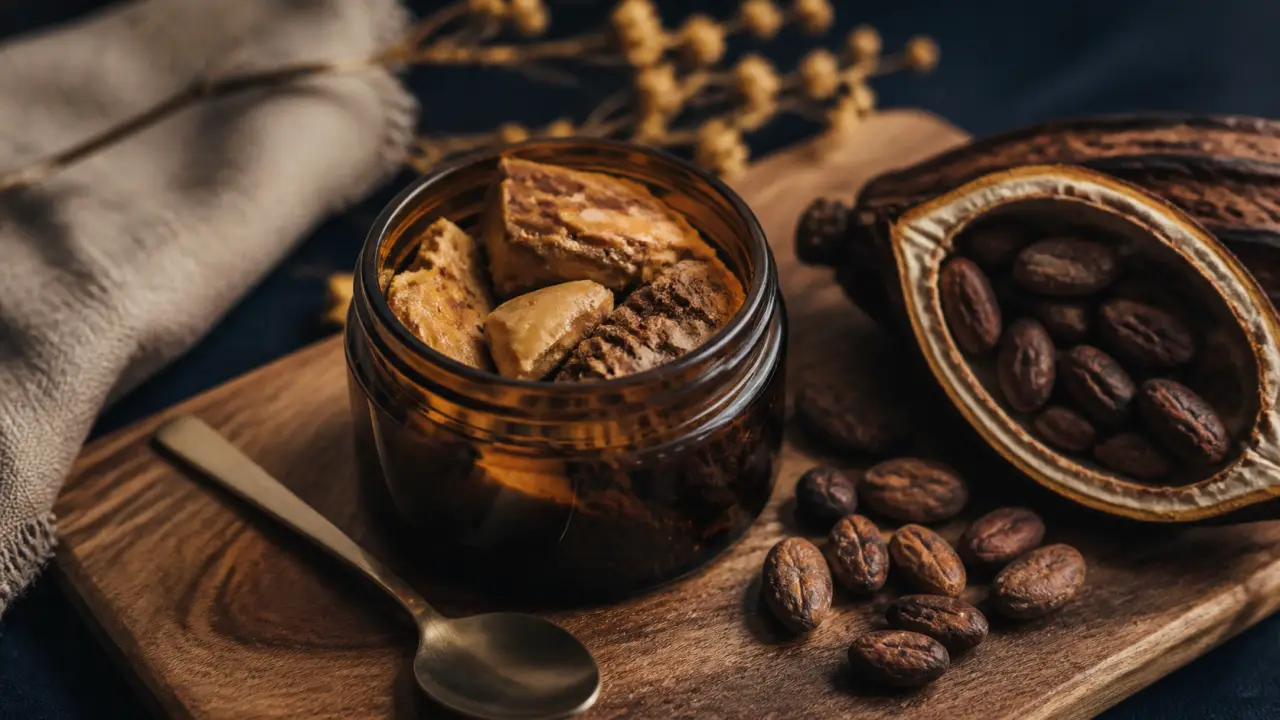 Bienfaits du beurre de cacao : pot en verre, fèves et cabosse, texture cire fondante pour peau et lèvres.