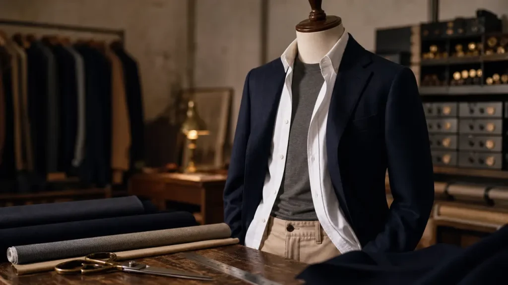 Conseil mode homme : blazer bleu nuit en atelier de tailleur
