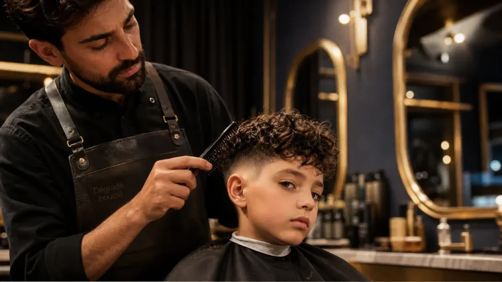 Coupe garcon cheveux bouclés dégradé et volume
