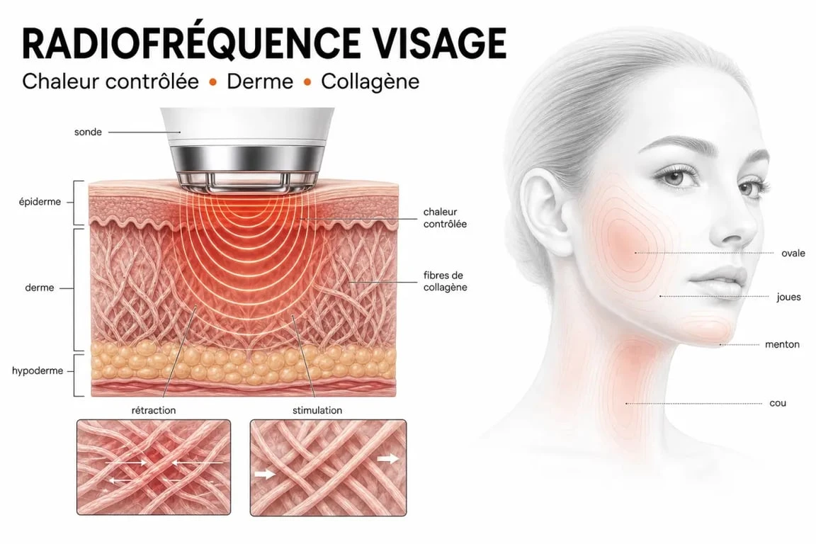Radiofréquence visage : schéma de la chaleur contrôlée stimulant le collagène dans le derme