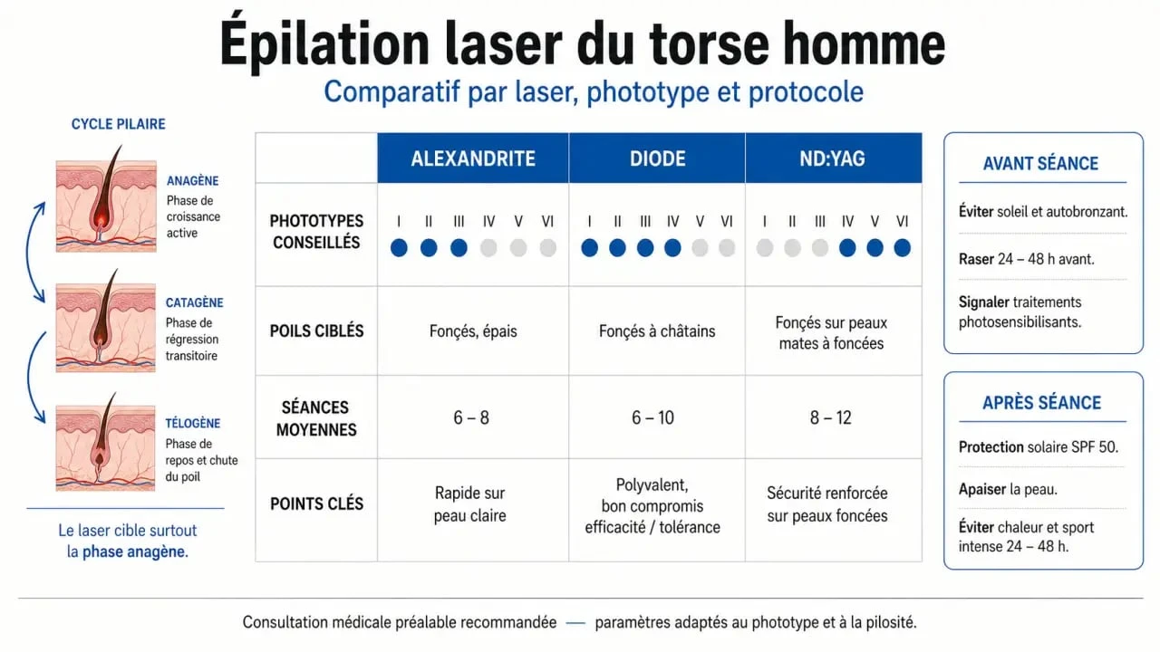 Infographie sur l’épilation torse homme laser : lasers, séances et précautions