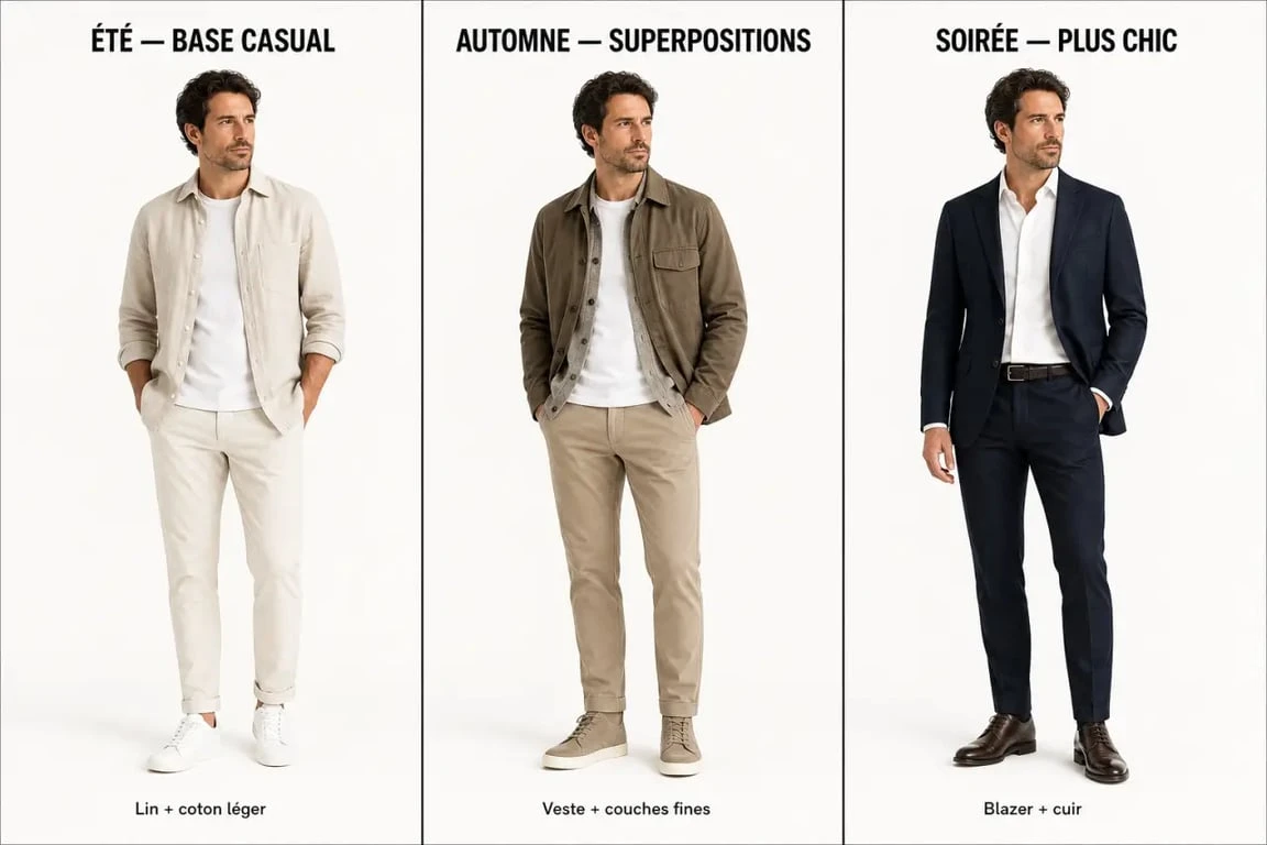 Looks homme adaptés à la saison et à l’occasion dans une composition éditoriale