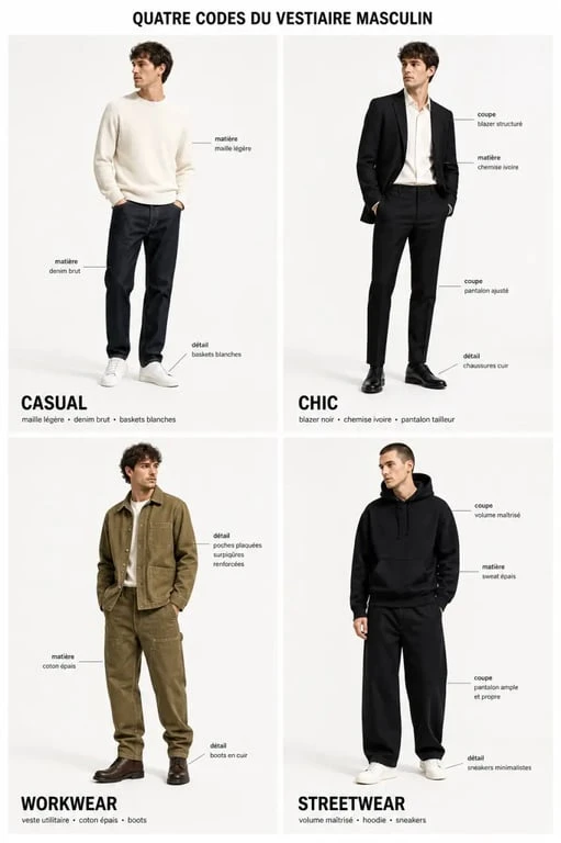 Looks homme casual, chic, workwear et streetwear en planche éditoriale