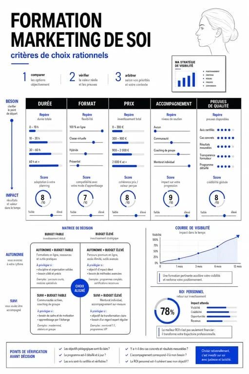 Formation marketing de soi : comparaison visuelle des critères de choix, durée, format, prix et accompagnement