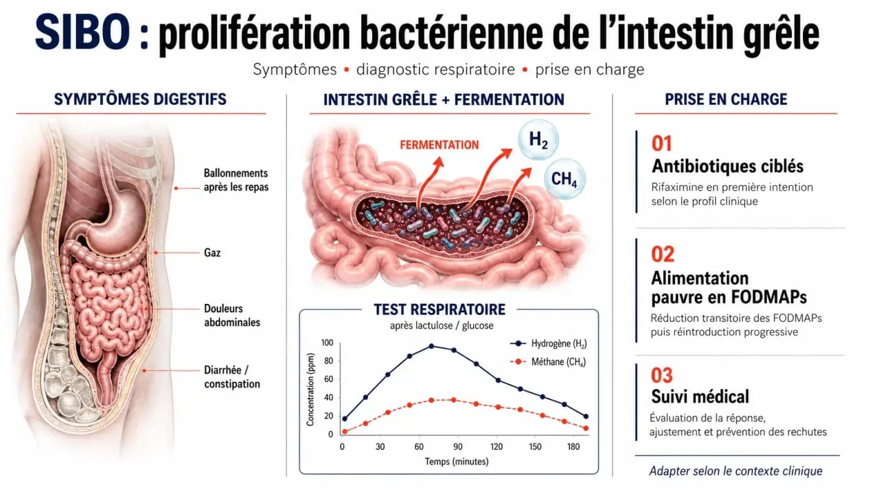 Infographie sur les sibo symptomes traitement avec ballonnements, test respiratoire et options de prise en charge