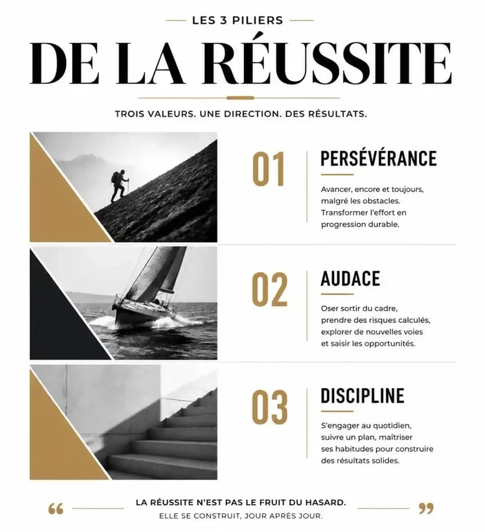 Infographie des valeurs clés pour la réussite : persévérance, audace et discipline
