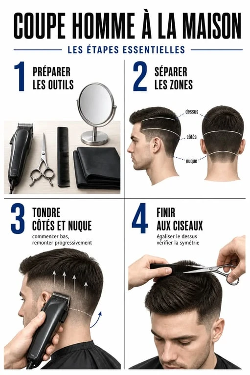 Tutos coupe de cheveux homme : illustration étape par étape d’une coupe masculine à la maison