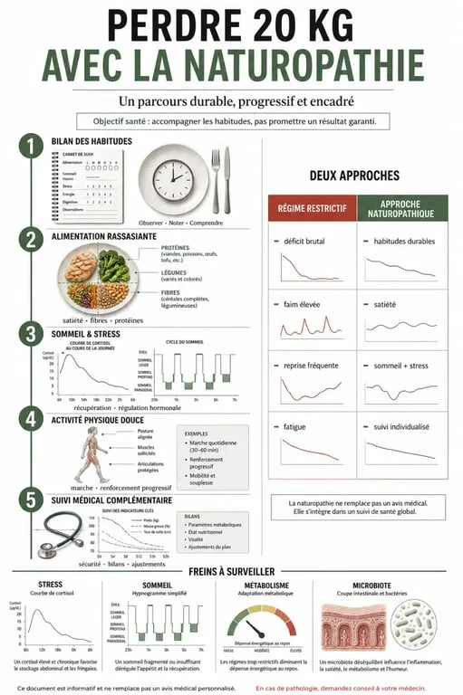 Infographie sur perdre 20 kg avec la naturopathie, montrant un parcours durable, le rôle complémentaire du suivi médical et les étapes clés