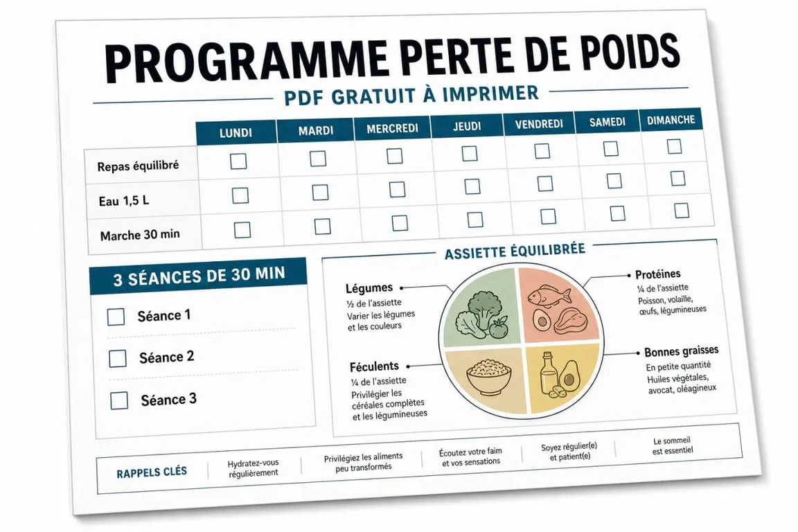 Programme perte de poids gratuit PDF avec planning hebdomadaire imprimable, repas équilibrés et cases à cocher
