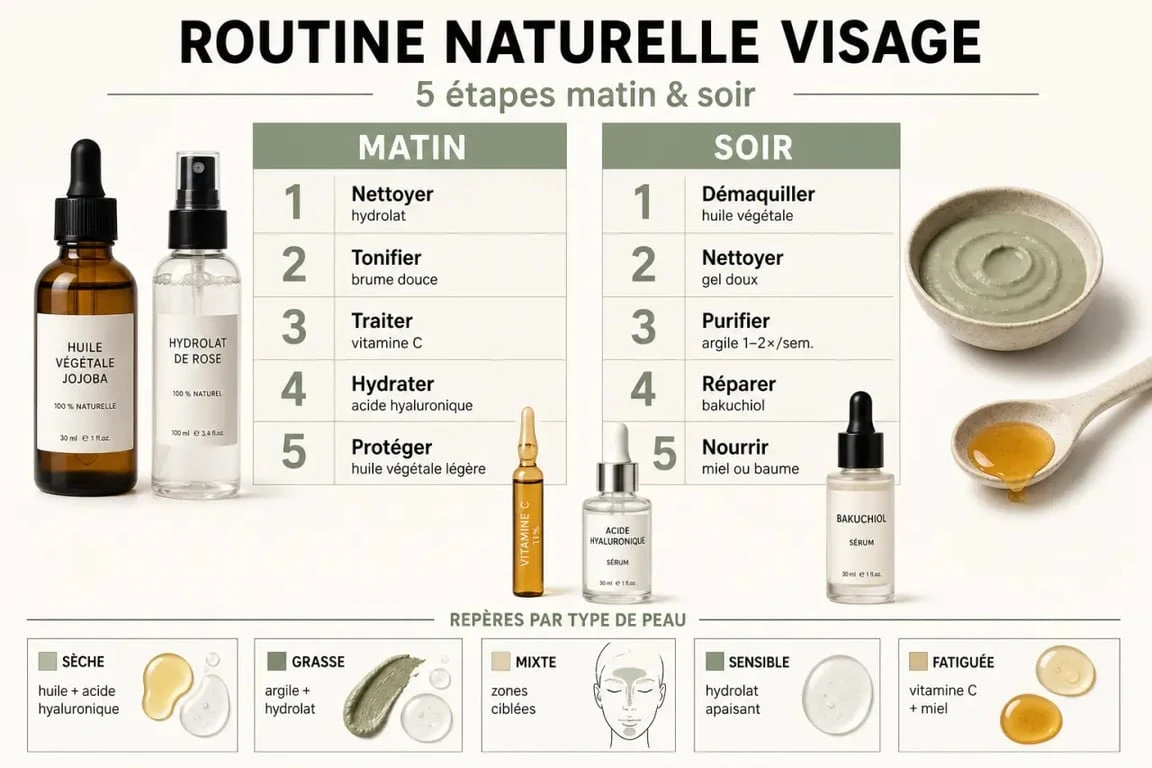 Soins naturels pour le visage : routine en 5 étapes et ingrédients adaptés aux différents types de peau