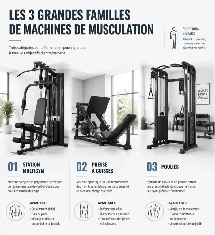 Illustration des types de machines de musculation en salle de sport