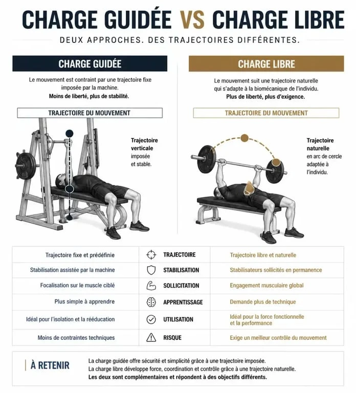 Infographie comparative entre charge guidée et charge libre pour salle de sport machine