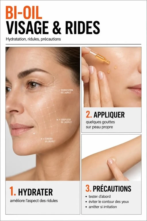 Bi-Oil visage rides : illustration éditoriale sur l’hydratation, les ridules et les précautions d’application