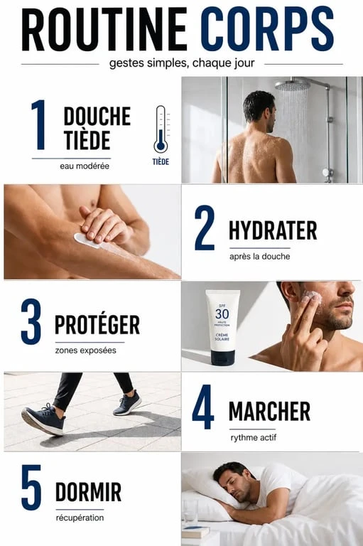 Prendre soin de son corps au quotidien avec routine d’hygiène, hydratation, protection solaire et sommeil