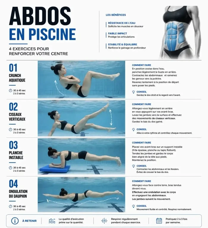 Infographie des exercices d'abdos piscine pour un ventre plat