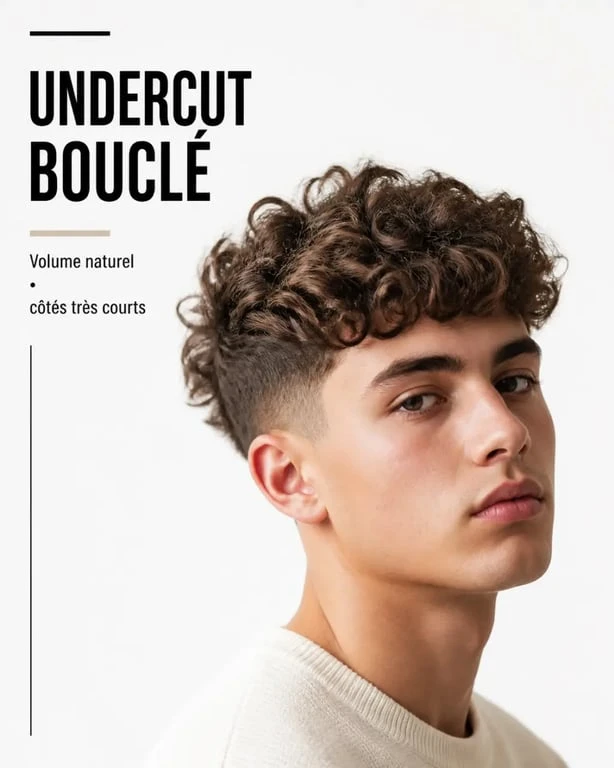 Coupe garçon cheveux bouclés undercut avec volume marqué sur le dessus