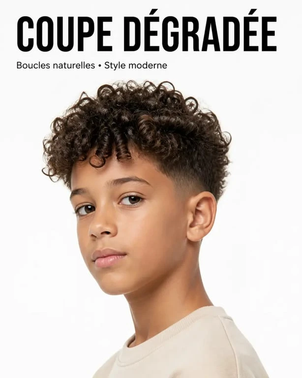 Coupe garçon cheveux bouclés dégradé progressif moderne avec volume naturel sur le dessus