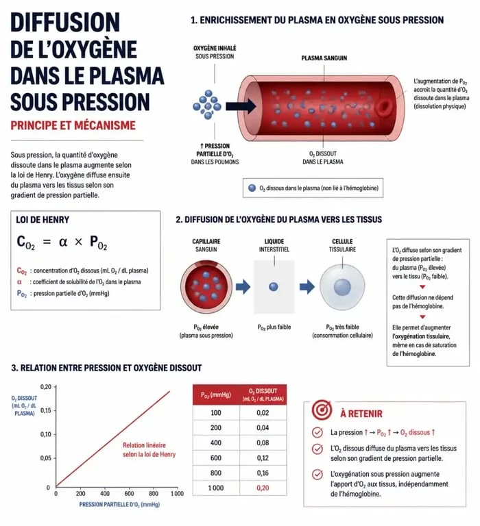 Schéma explicatif des bienfaits du caisson hyperbare et de l'oxygénation du plasma sanguin