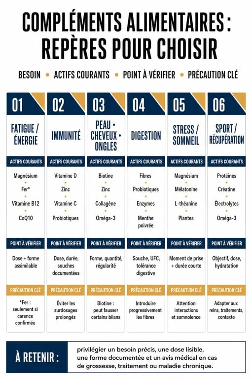 Quel complément alimentaire choisir : tableau comparatif des actifs selon le besoin, les vérifications à faire et les précautions