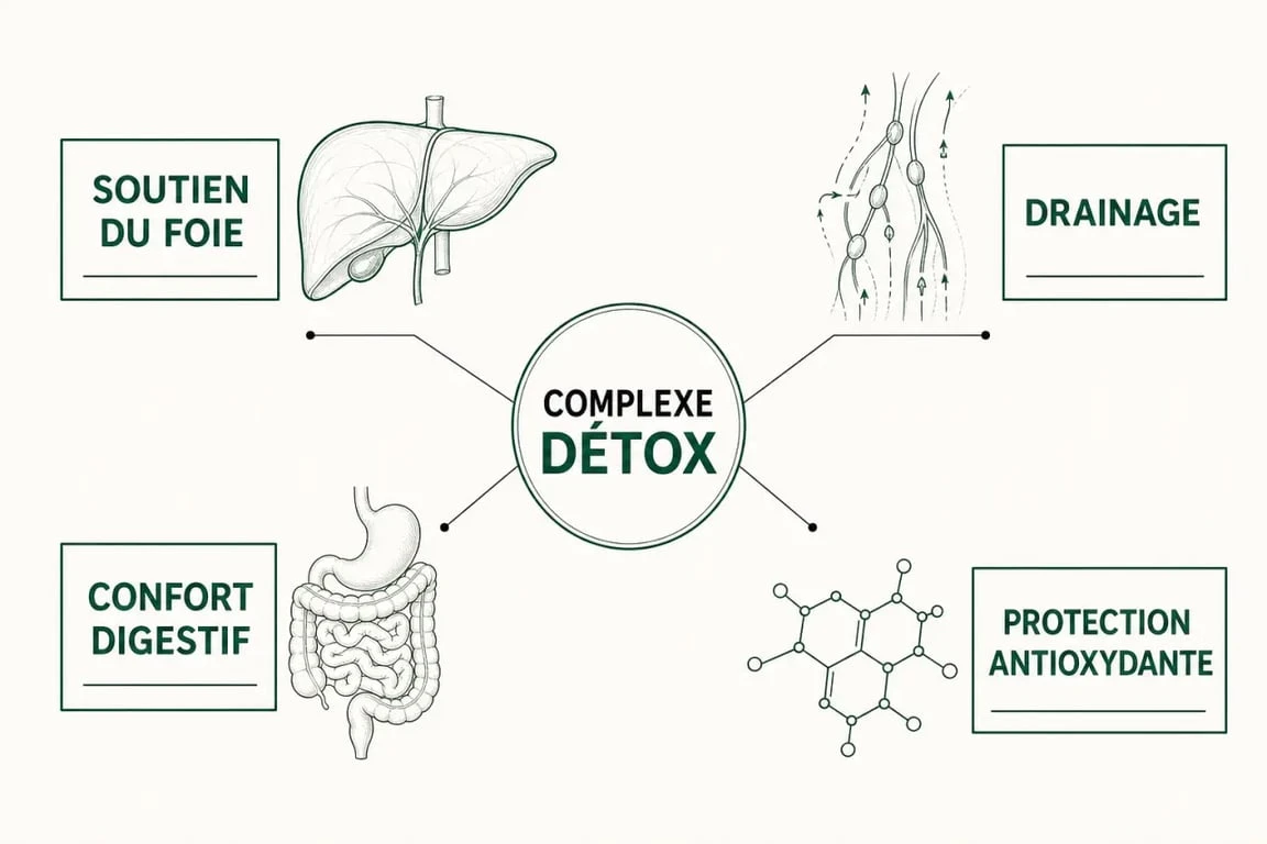 Complément alimentaire detox : infographie des objectifs foie, drainage, digestion et antioxydants