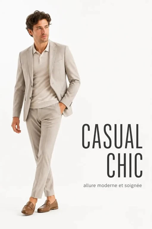 tenu homme chic casual avec blazer clair, polo en maille et mocassins