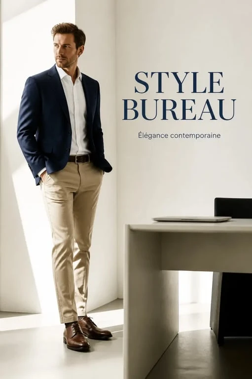 tenu homme chic pour le bureau avec blazer bleu marine, chemise blanche et chino beige