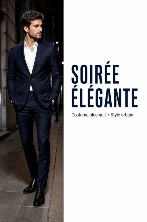 tenu homme chic pour une soirée élégante avec costume bleu nuit et chaussures noires