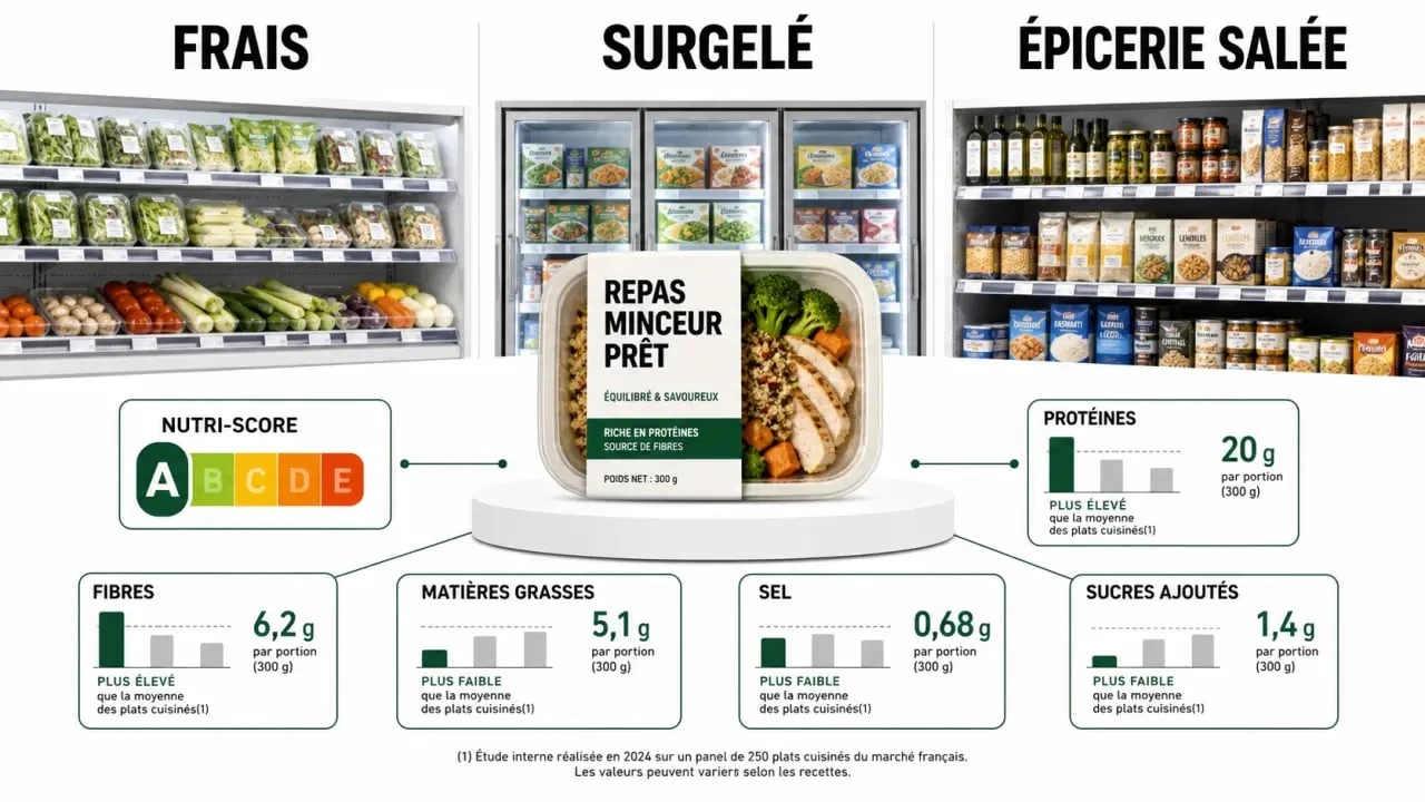 Repas minceur tout prêt grande surface comparé entre rayon frais, surgelé et épicerie salée