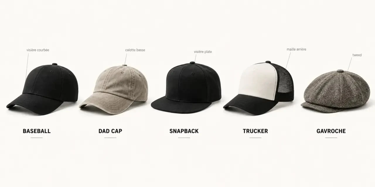 Casquette du moment : comparaison visuelle des modèles baseball, dad cap, snapback, trucker et gavroche