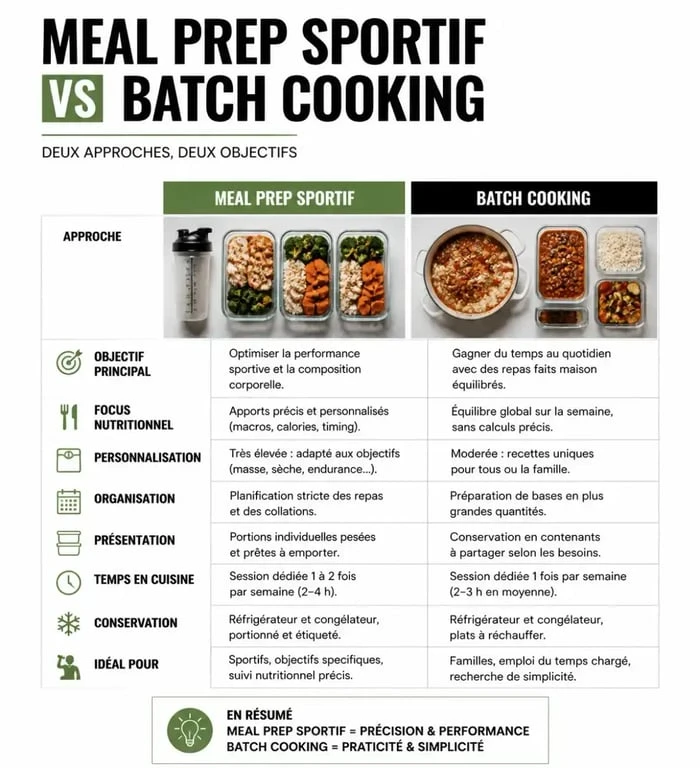 Infographie comparative meal prep sportif et batch cooking pour optimiser sa nutrition