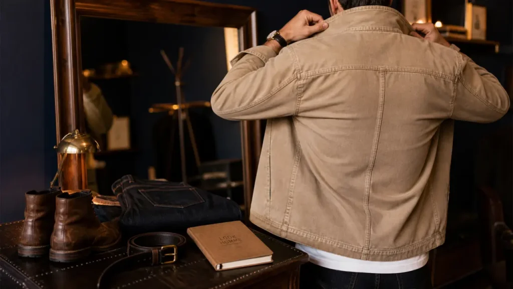 Looks homme : veste workwear beige, tee blanc et jean brut en intérieur