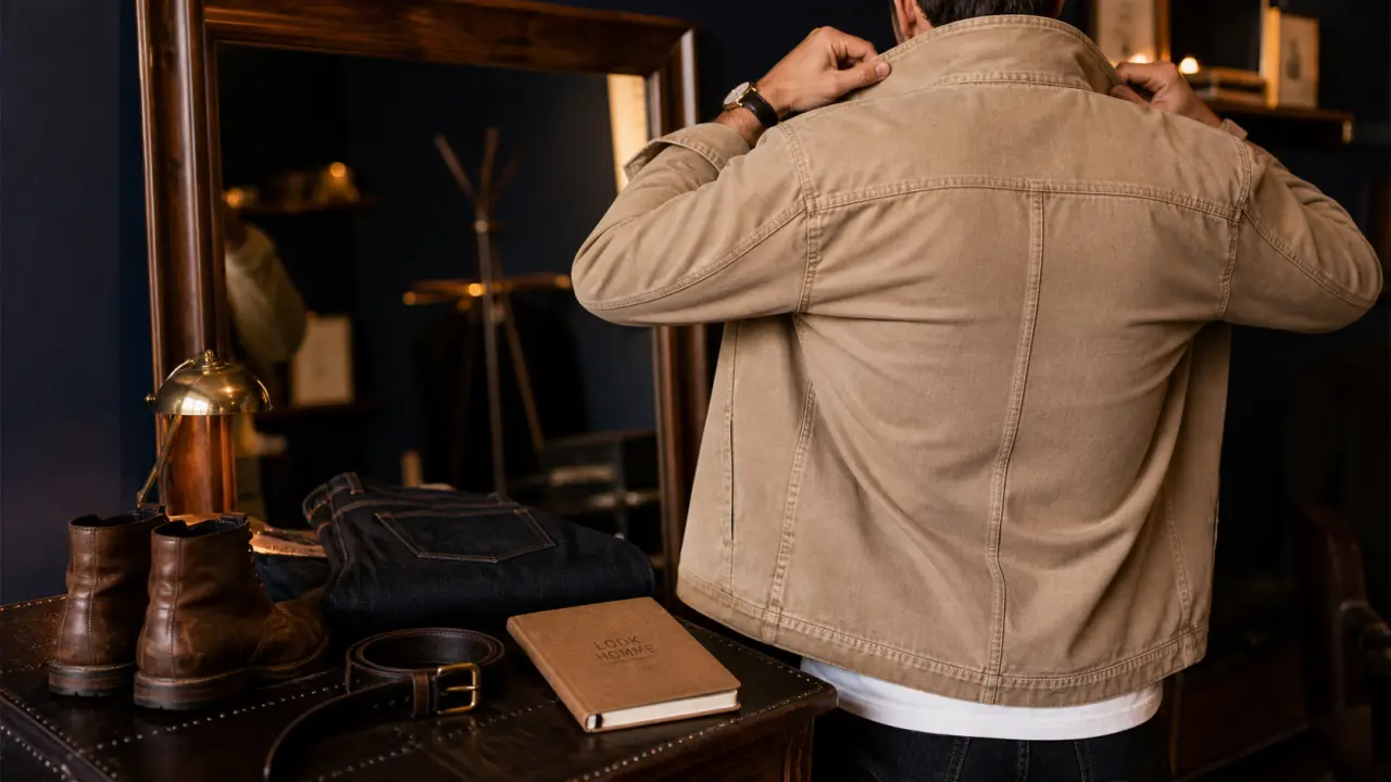 Looks homme : veste workwear beige, tee blanc et jean brut en intérieur