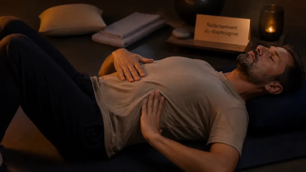 Massage diaphragme bienfaits : relâchement doux du plexus solaire sous les côtes
