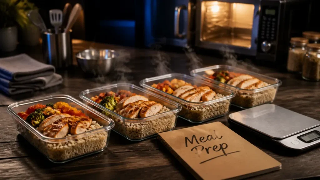Meal prep sportif : boîtes repas poulet quinoa et légumes rôtis