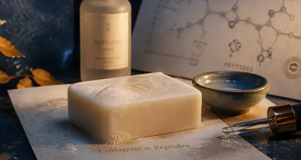 Savon au collagène bienfaits, mousse fine et peptides visibles