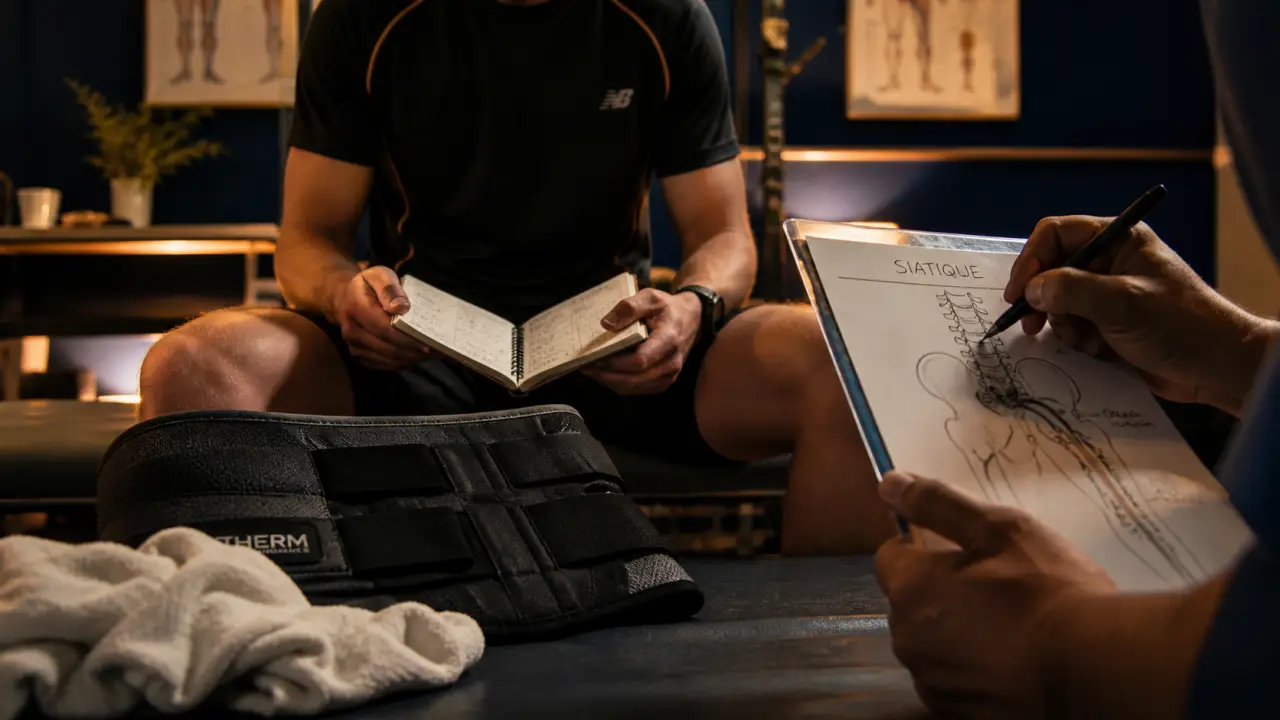 Sciatique sportif : coureur avec attelle, vu par un kiné en salle