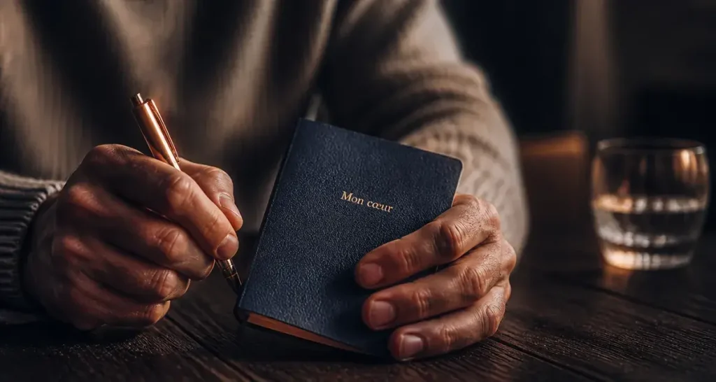 Surnom pour son mec : carnet cuir bleu nuit et mon cœur