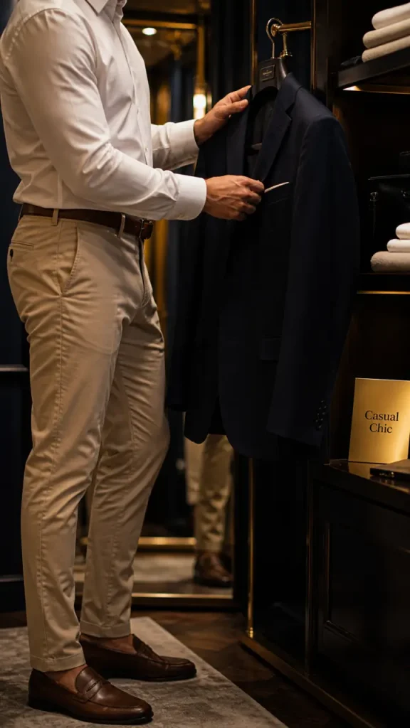 Tenue homme chic blazer bleu, chino beige et mocassins