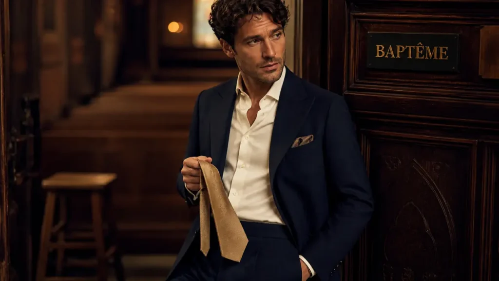 Tenue pour un baptême homme : costume bleu nuit, chemise blanc cassé
