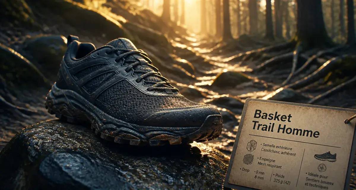 Basket trail homme sur sol boueux, semelle à crampons pour adhérence