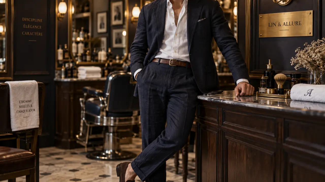 Costume homme décontracté en lin bleu nuit, veste ouverte