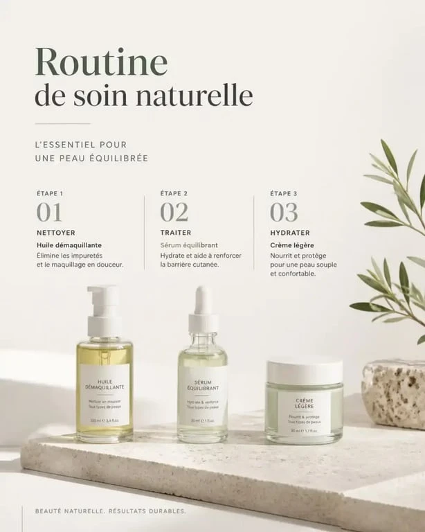 Routine beauté visage naturelle avec soins démaquillant, sérum et crème hydratante