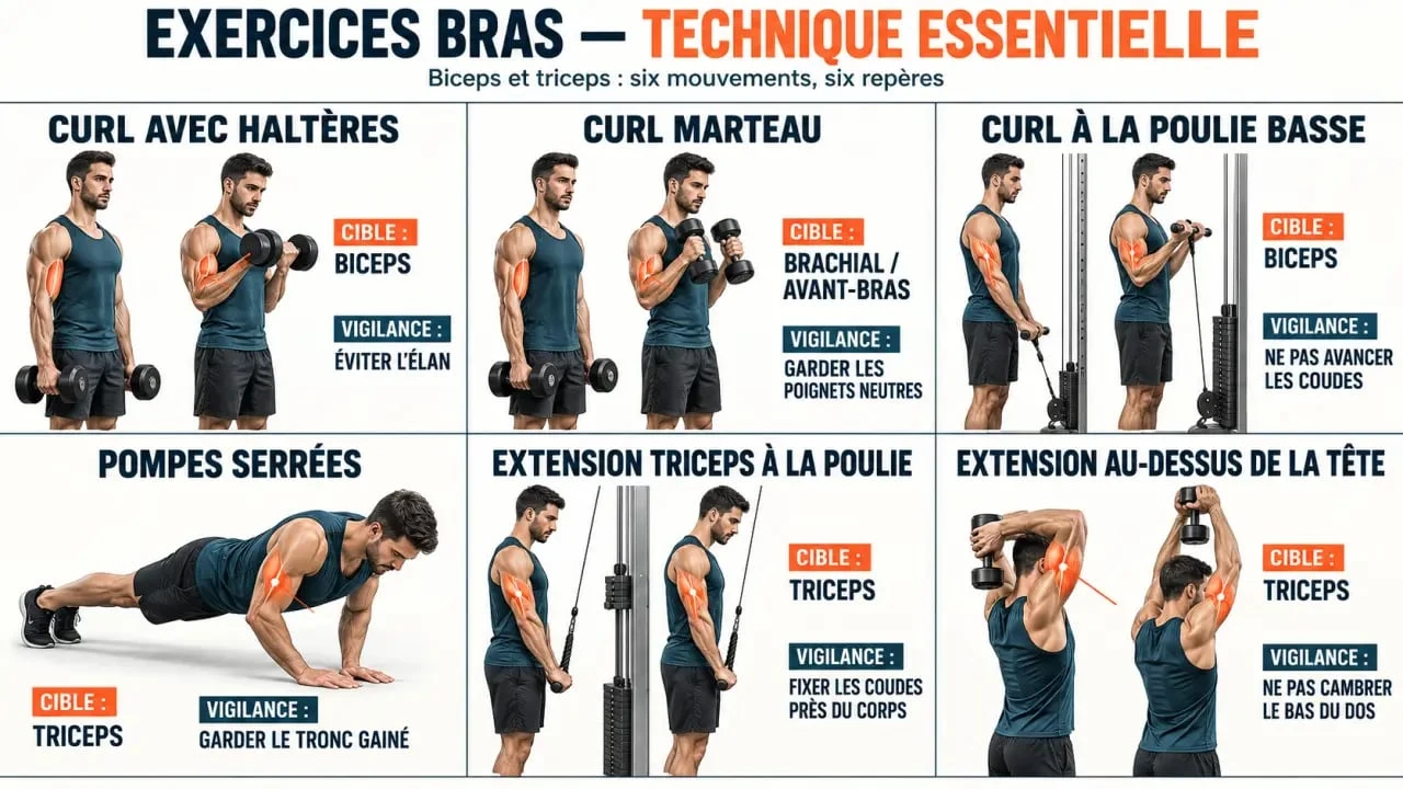 Infographie des principaux exercices bras musculation et des muscles ciblés